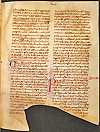 F. 1 recto from Manuscript E 11, Viaticum (Medical manual for the traveler) by Ibn al-Jazzar. A two column hand written manuscript page with a small portion of the bottom having been removed.