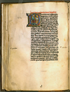 F. 42 verso from Manuscript E 78 De urinis (On urine) by Theophilos. A hand written manuscript page in which on the top left side of the page is a tonsured figure with open book and urine flask.