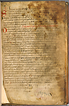 F. 1 recto from Manuscript E 36 by Roger of Salerno. A hand written manuscript page with the beginning letters of the two paragraphs done in red ink. The right side of the page has sustained damage and makes legibility difficult. In the bottom right corner of the page is the Surgeon General's Office Library stamp with 127943 written in pencil in the center.