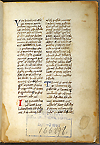 F. 2 recto from Manuscript E 26, Corpus Hippocraticum, Aphorisms. A two column hand written manuscript page. At the bottom is the Library Surgeon General's Office stamp with Aug. 7, 1899 and handwritten 166898 in pencil.
