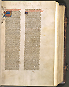 F. 1 recto from Manuscript E 1 by Ibn Sina. A two column hand written manuscript page with two illuminated initials at the beginning of the paragraphs in each column.