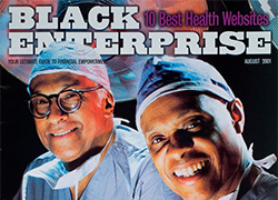 Magazine cover showing two surgeons in surgical scrubs.
