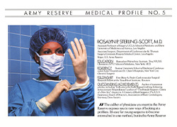 Army Reserve featuring Dr. Scott with two photos—one of Dr. Scott in scrubs putting on white gloves and the other of her with two people around a computer desk.