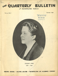Cover of a news bulletin with text and a profile view portrait of a white, female nurse.