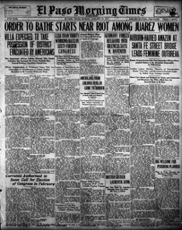 Old newspaper with typed text and the headline “Order to Bathe Starts Near Riot Among Juarez Women”.