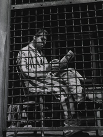 White man sitting in a prison cell wearing striped clothing reading a newspaper.