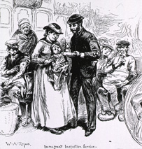 Drawing of a white man and white woman in hats holding a baby with others looking at them.