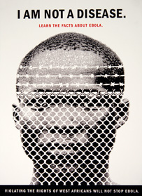 Face of a West African man behind a chain-link, barb wired fence, with poster text.