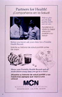 Typed advertisement for Partners for Health showing two men shaking hands, and a drawing of medicines and forms.