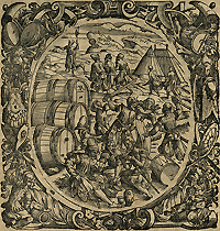 Camp scene showing Renaissance period troops playing cards, drinking from kegs, carrying wounded comrades, escorting prisoners, and standing guard duty. From Paracelsus, Grosse Wundarznei, Erster Theil (Franckfurt am Main, 1565).