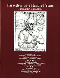 Cover of the exhibit brochure feature a portrait of Paracelsus surrounded by various philosophical symbols, including his famous sword.
