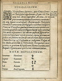 Page 77 of Basilica Chymica featuring a page on corollarium followed by the chemical names and their corresponding chemical symbols of the metals.