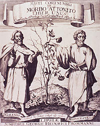 Hippocrates (on the right) and Galen are standing beside each other; between them is a bush, where Hippocrates touches the bush it is in flower, whereas Galen's side is nothing but thorns.