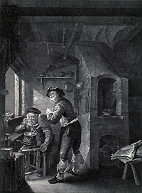 Interior view of a laboratory: an old man, seated on a stool and peering into a pot, is observing the reaction of a substance that is being agitated through the application of a bellows manipulated by his young assistant; a furnace is to the right.