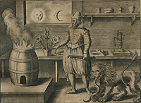 Interior view of an alchemical workshop showing the alchemist and many symbols important to alchemy, such as the rising sun, the moon, a lion and a serpent, a scale, a square, plants, a cross/caduceus, and most importantly, fire.