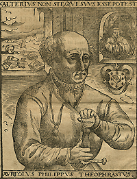Half-length, right pose, full face portrait of Paracelsus holding his sword surrounded by various philosophical sybmols.