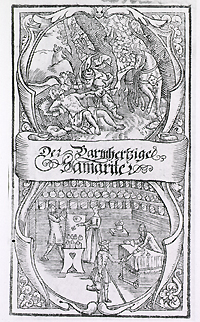 A woodcut of a page that has two sections divided by the words Barmhertzier Samariter. The top image shows a wooded scene with a man who is bending over treating the left arm of another man who is lying on the ground with no shirt on. There is a horse near the man who is bending over. The bottom image shows the interior of pharmacy featuring an amputee with crutches and a wooden leg giving his prescription to the pharmacist; a female customer in rear.