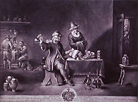 A man sits at a table holding a bottle full of urine up for examination in his right hand while holding a book open in his left hand. A woman stands behind the man waiting to hear the results. Behind both people on the left side of the image are two man, one seated carrying out an experiment. On the right side of the image, the face of a worried person stares into the room.