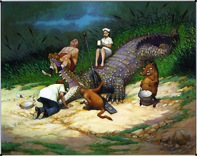 The Dentist by Jose Perez (Oil on Canvas, 24 in x 30 in, 61.5 cm x 77 cm) Dentist examining alligator teeth with nurse and animal assistants. Copyright: This image may not be saved locally, modified, reproduced, or distributed by any other means without the written permission of the copyright owners.