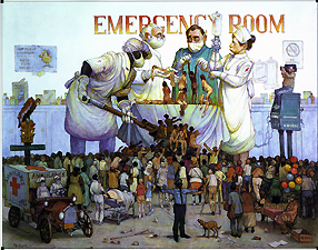 Multitude of patients being scooped up on to an operating room. Copyright: This image may not be saved locally, modified, reproduced, or distributed by any other means without the written permission of the copyright owners. 