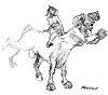 Centaur with partially naked female riding on the back.