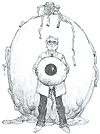 The letter ‘O’ is represented by a person holding a giant eyeball in front of an oval-shaped object.