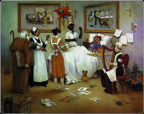 Patient surrounded by all types of nurses, including one playing a harp. Copyright: This image may not be saved locally, modified, reproduced, or distributed by any other means without the written permission of the copyright owners.