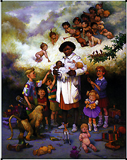 Female doctor holding a newborn surrounded by kids with angels in the cloud background. Copyright: This image may not be saved locally, modified, reproduced, or distributed by any other means without the written permission of the copyright owners.