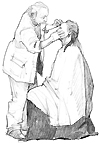Doctor observing and gauging a woman’s head.