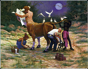 Centaur having his hooves inspected in a forest backdrop. Copyright: This image may not be saved locally, modified, reproduced, or distributed by any other means without the written permission of the copyright owners.