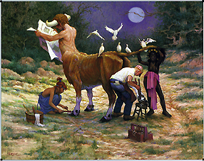 The Podiatrist by Jose Perez (Oil on Canvas, 24 in x 30 in, 61.5 cm x 77 cm) Centaur having his hooves inspected in a forest backdrop. Copyright: This image may not be saved locally, modified, reproduced, or distributed by any other means without the written permission of the copyright owners.