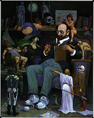 The Psychiatrist by Jose Perez (Oil on Canvas, 24 in x 30 in, 61.5 cm x 77 cm) Book with the word ‘Mother’ underlined being held by a man, with various entities ranging from soldiers, a general, and woman with a spear in her hand. Copyright: This image may not be saved locally, modified, reproduced, or distributed by any other means without the written permission of the copyright owners.