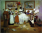 Patient surrounded by all types of nurses, including one playing a harp.