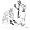 A doctor is holding a valve and talking to an semi-naked anguished patient who wears only socks.