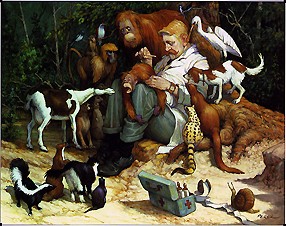 The Veterinarian by Jose Perez (Oil on Canvas, 24 in x 30 in, 61.5 cm x 77 cm) Surgeon examining the arm of an orangutan, surrounded by both wild and domestic animals. Copyright: This image may not be saved locally, modified, reproduced, or distributed by any other means without the written permission of the copyright owners.