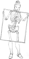Woman holding a panel that shows an X-ray of her skeletal structure.