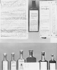 Display of various patent medicines for teething babies. Also displayed are printed advertisements and bottle labels.