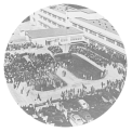 Overhead view of the outdoor dedication ceremonies in November 1947 of the opening of the George H. Lanier Memorial Hospital in Langdale, Alabama.
