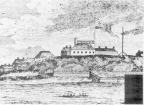 Handrawn illustration of the first marine hospital on Castle Island in Boston Harbor. The castle sits on the crest of a hill and at the top of the castle, an American flag flies. The harbor is in the foreground with a small boat contains six people in the middle of it.