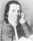 The head and shoulders, front facing portrait of Dr. Benjamin Waterhouse. He is resting his closed left palm on his left cheek. several books are on a desk in front of him.