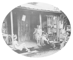 A rural family sitting on the porch of a shack in early evening; one man plays a guitar and a little girl holds a doll. Evening is feeding time for mosquitoes; the family is susceptible to malaria in this mosquito infested area.