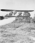 An airplane flying low over a stream is spraying insecticide.