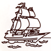 An brown outline illustration of a three masted sailing ship on the sea.