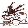 A brown outline illustration of a beaker on a bunsen burner, a mortar and pestle, and a basket full of food.