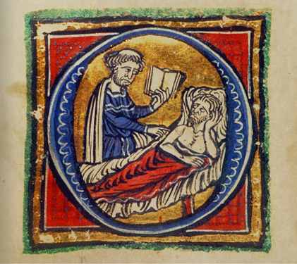 Illuminated manuscript graphic of the letter O with a man reclined being administered to by a doctor.