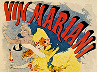 Advertisement with illustration of a woman in a yellow dress dancing while pouring a drink.