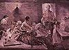 A group of people lounging in various states of intoxication while a Chinese man serving them opium
