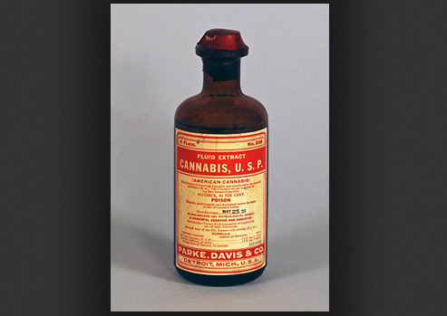 Photograph of a bottle containing cannabis extract.