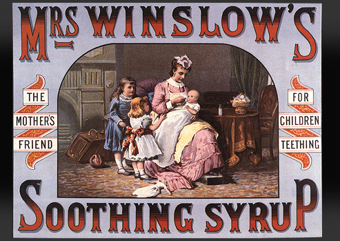 Advertisements showing a woman administer medicine to a baby while two children look on.