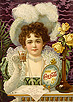 Woman with large feathered hat sipping on a glass of 5 cent Coca-Cola with yellow roses next to her